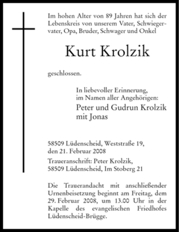 Todesanzeige von Kurt Krolzik von WESTFÄLISCHER ANZEIGER