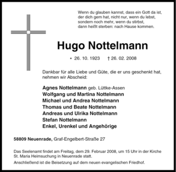 Todesanzeige von Hugo Nottelmann von WESTFÄLISCHER ANZEIGER