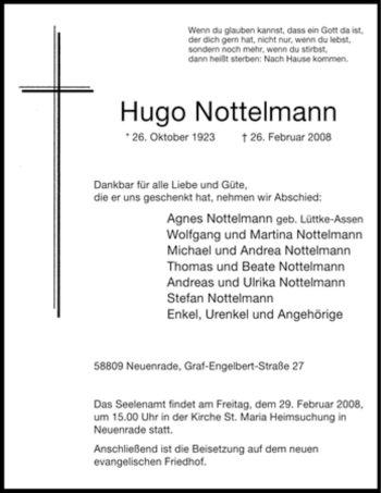 Todesanzeige von Hugo Nottelmann von WESTFÄLISCHER ANZEIGER