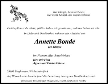 Todesanzeige von Annette Bonde von WESTFÄLISCHER ANZEIGER