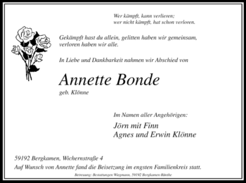 Todesanzeige von Annette Bonde von WESTFÄLISCHER ANZEIGER