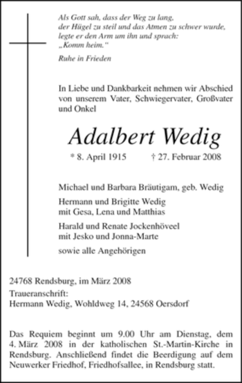 Todesanzeige von Adalbert Wedig von WESTFÄLISCHER ANZEIGER