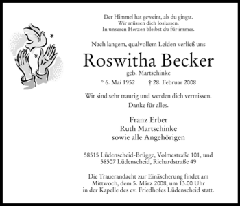 Todesanzeige von Roswitha Becker von WESTFÄLISCHER ANZEIGER