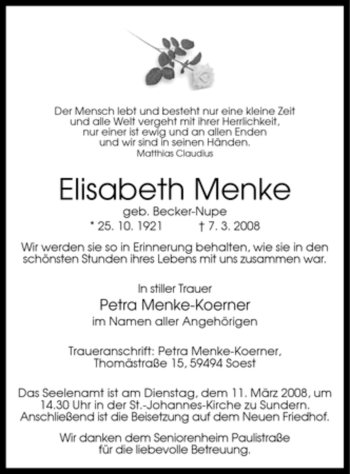 Todesanzeige von Elisabeth Menke von WESTFÄLISCHER ANZEIGER