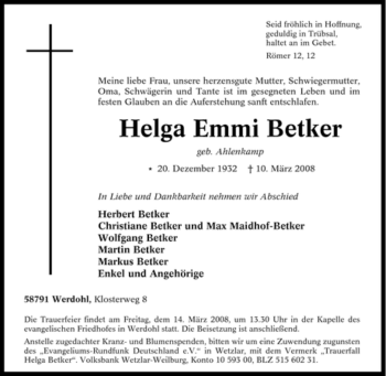 Todesanzeige von Helga Emmi Betker von WESTFÄLISCHER ANZEIGER
