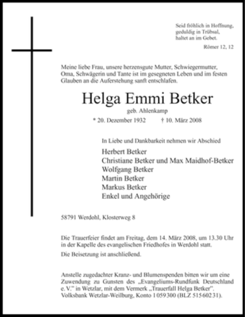 Todesanzeige von Helga Emmi Betker von WESTFÄLISCHER ANZEIGER