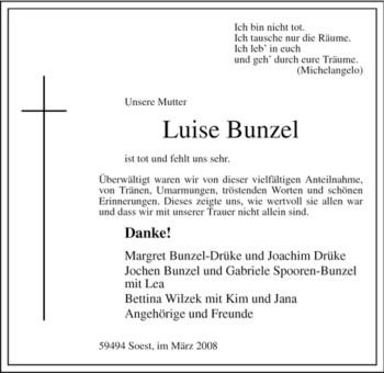 Todesanzeige von Luise Bunzel von WESTFÄLISCHER ANZEIGER