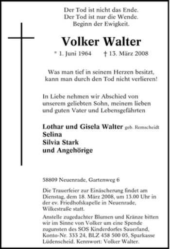 Todesanzeige von Volker Walter von WESTFÄLISCHER ANZEIGER