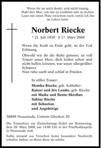 Todesanzeige von Norbert Riecke von WESTFÄLISCHER ANZEIGER
