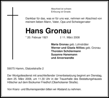 Todesanzeige von Hans Gronau von WESTFÄLISCHER ANZEIGER