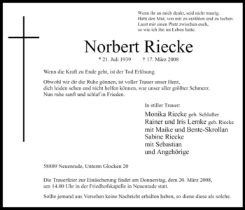 Todesanzeige von Norbert Riecke von WESTFÄLISCHER ANZEIGER