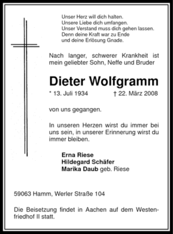 Todesanzeige von Dieter Wolfgramm von WESTFÄLISCHER ANZEIGER