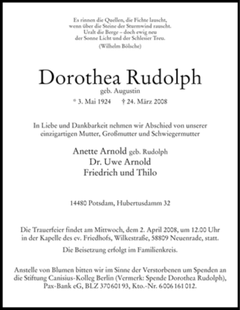 Todesanzeige von Dorothea Rudolph von WESTFÄLISCHER ANZEIGER