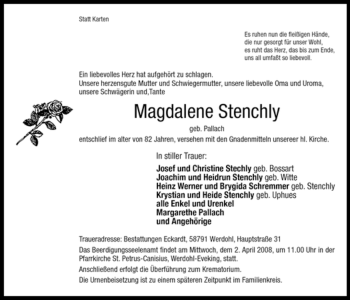 Todesanzeige von Magedalene Stenchly von WESTFÄLISCHER ANZEIGER