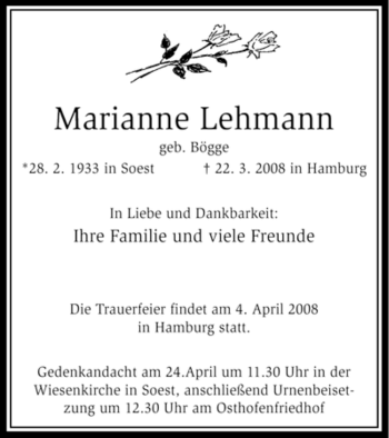 Todesanzeige von Marianne Lehmann von WESTFÄLISCHER ANZEIGER