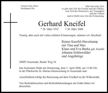 Todesanzeige von Gerhard Kneifel von WESTFÄLISCHER ANZEIGER