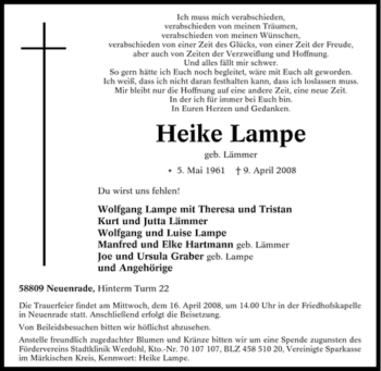 Todesanzeige von Heike Lampe von WESTFÄLISCHER ANZEIGER