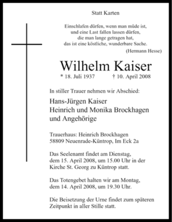 Todesanzeige von Wilhelm Kaiser von WESTFÄLISCHER ANZEIGER