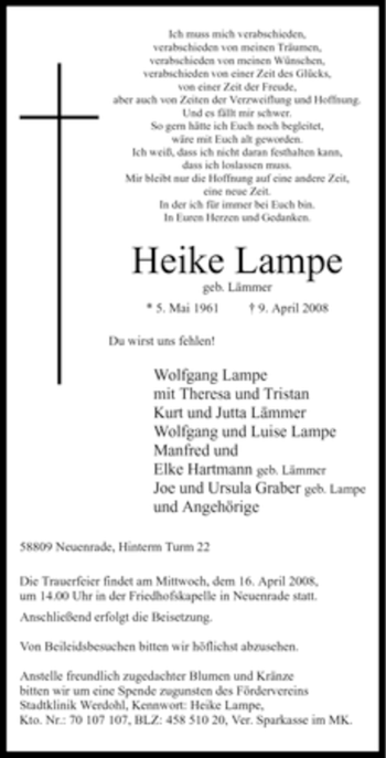 Todesanzeige von Heike Lampe von WESTFÄLISCHER ANZEIGER