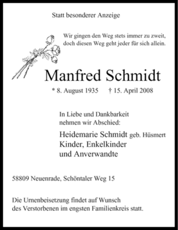 Todesanzeige von Manfred Schmidt von WESTFÄLISCHER ANZEIGER
