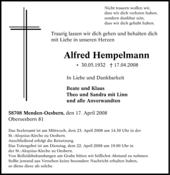 Todesanzeige von Alfred Hempelmann von WESTFÄLISCHER ANZEIGER