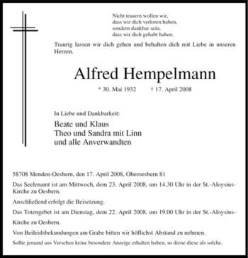 Todesanzeige von Alfred Hempelmann von WESTFÄLISCHER ANZEIGER