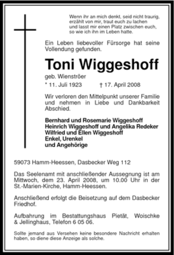 Todesanzeige von Toni Wiggeshoff von WESTFÄLISCHER ANZEIGER
