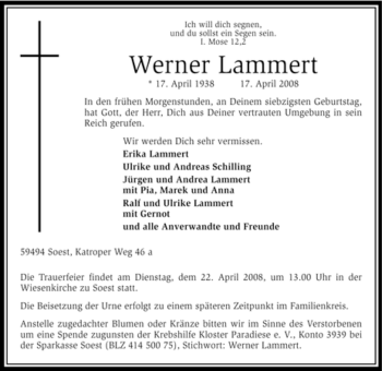 Todesanzeige von Werner Lammer von WESTFÄLISCHER ANZEIGER