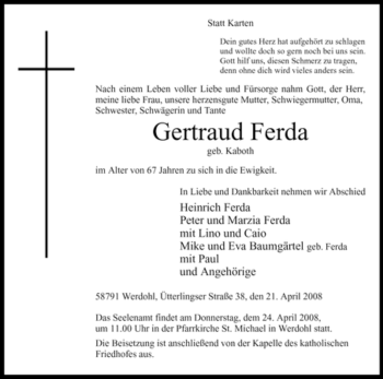 Todesanzeige von Gertraud Ferda von WESTFÄLISCHER ANZEIGER