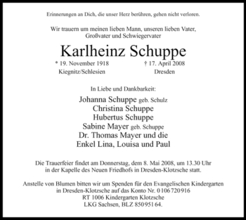 Todesanzeige von Karlheinz Schuppe von WESTFÄLISCHER ANZEIGER
