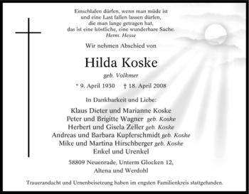 Todesanzeige von Hilda Koske von WESTFÄLISCHER ANZEIGER