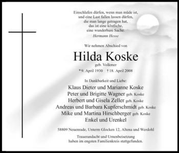 Todesanzeige von Hilda Koske von WESTFÄLISCHER ANZEIGER