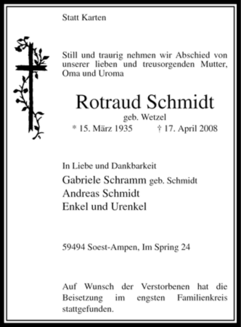 Todesanzeige von Rotraud Schmidt von WESTFÄLISCHER ANZEIGER