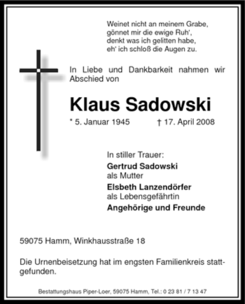 Todesanzeige von Klaus Sadowski von WESTFÄLISCHER ANZEIGER