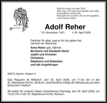 Todesanzeige von Adolf Reher von WESTFÄLISCHER ANZEIGER