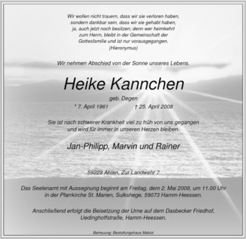 Todesanzeige von Heike Kannchen von WESTFÄLISCHER ANZEIGER