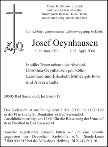 Todesanzeige von Josef Oeynhausen von WESTFÄLISCHER ANZEIGER