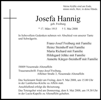 Todesanzeige von Josefa Hanning von WESTFÄLISCHER ANZEIGER