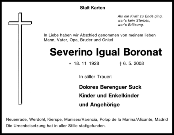 Todesanzeige von Severino Igual Boronat von WESTFÄLISCHER ANZEIGER