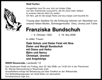 Todesanzeige von Franziska Bundschuh von WESTFÄLISCHER ANZEIGER