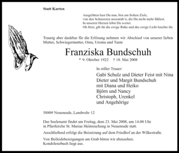 Todesanzeige von Franziska Bundschuh von WESTFÄLISCHER ANZEIGER