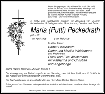 Todesanzeige von Maria Peckedrath von WESTFÄLISCHER ANZEIGER