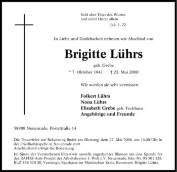 Todesanzeige von Brigitte Lührs von WESTFÄLISCHER ANZEIGER