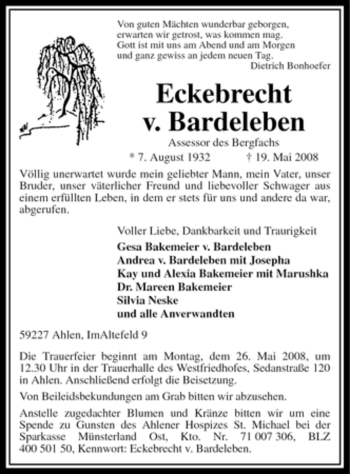 Todesanzeige von Eckebrecht v. Bardeleben von WESTFÄLISCHER ANZEIGER