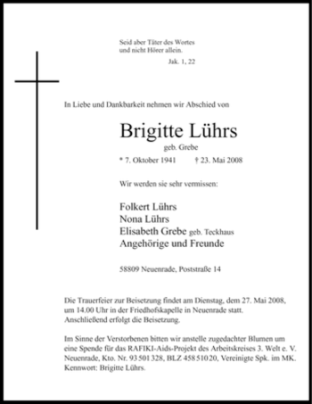 Todesanzeige von Brigitte Lührs von WESTFÄLISCHER ANZEIGER