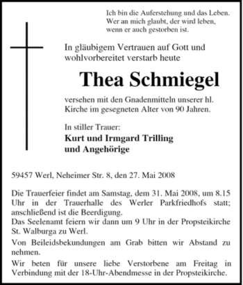 Todesanzeige von Thea Schmiegel von WESTFÄLISCHER ANZEIGER