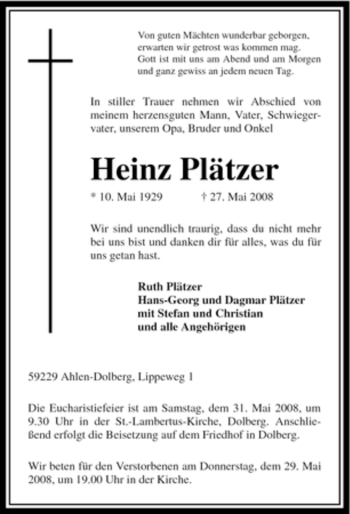 Todesanzeige von Heinz Plätzer von WESTFÄLISCHER ANZEIGER