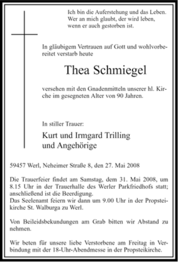 Todesanzeige von Thea Schmiegel von WESTFÄLISCHER ANZEIGER