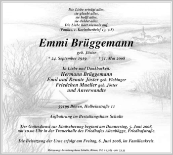 Todesanzeige von Emmi Brüggemann von WESTFÄLISCHER ANZEIGER