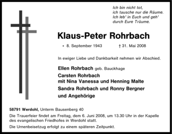 Todesanzeige von Klaus-Peter Rohrbach von WESTFÄLISCHER ANZEIGER